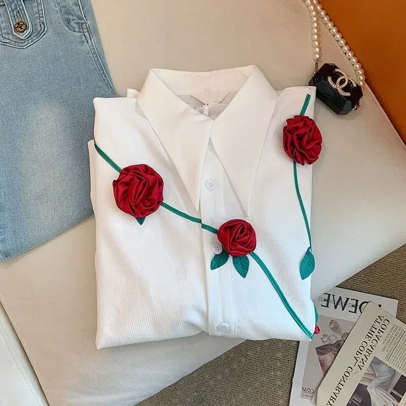 Women Trendy 3D Flower Design Chic Button Up Shirt Spring Autumn Office Lady  Long Sleeve Blouse Casual Loose Tops Blusas S16