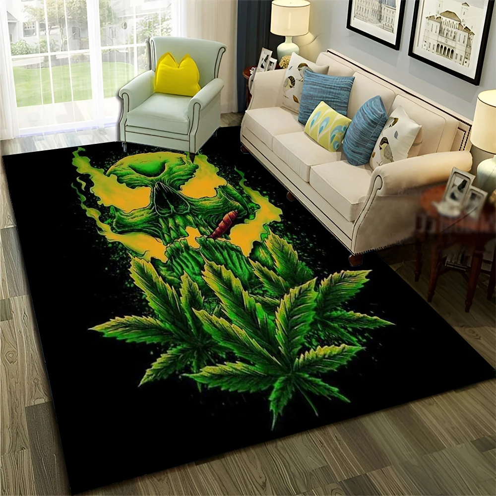 Smoke Maple Weed Plants Green Death Skull Carpet Rug for Home Living Room Bedroom Sofa Doormat Decor,Area Rug Non-slip Floor Mat