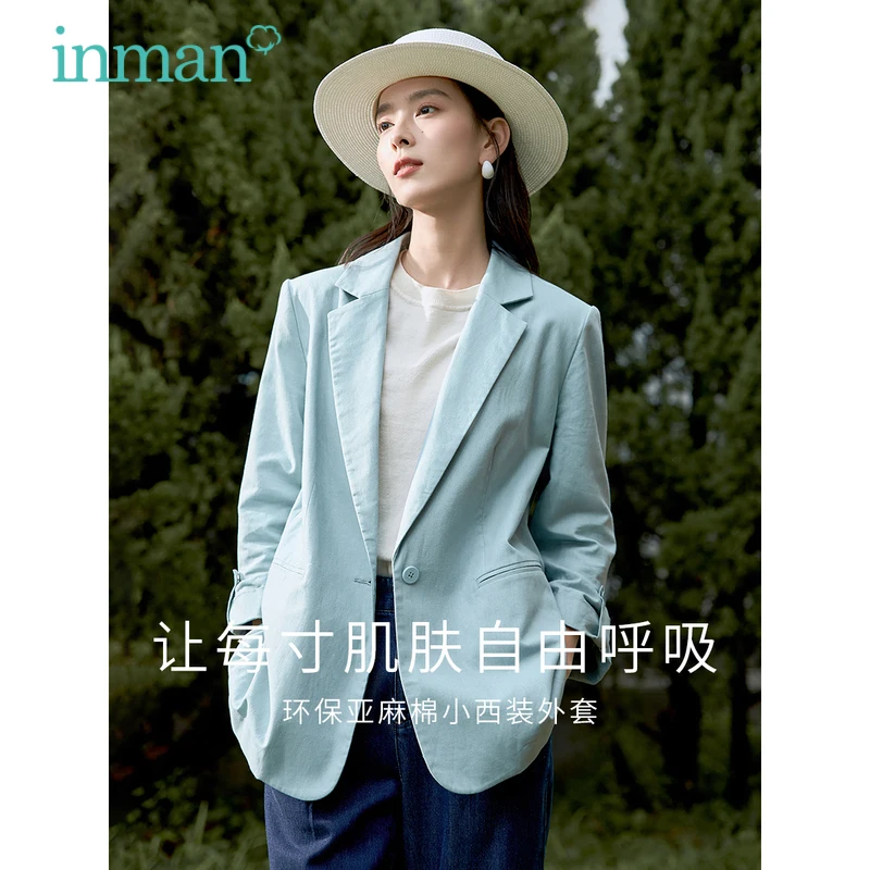 

INMAN Women Blazer 2023 Spring Long Sleeve Lapel Loose Suit Coat Fashion Office Commuting Blue Linen Jacket Outwear