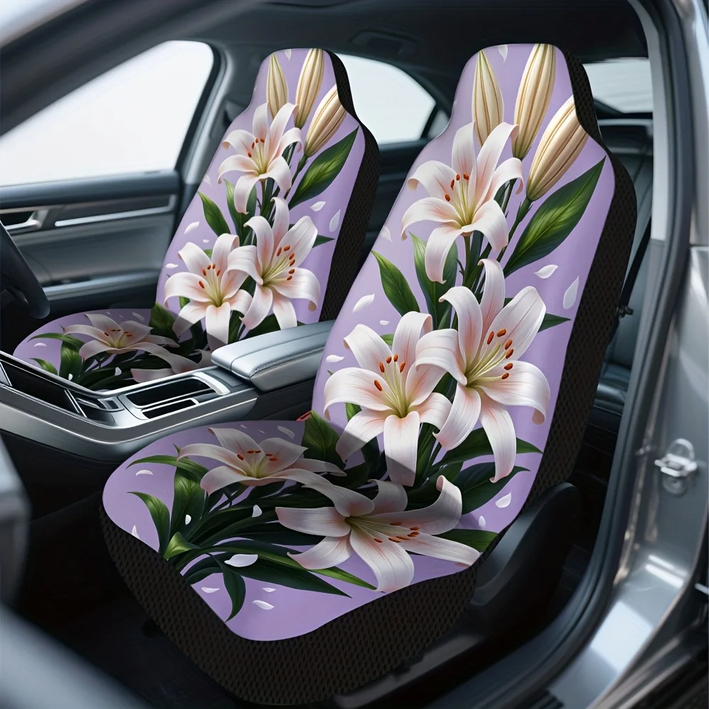 

2pcs Elegant Floral Lily Print Front Seat Covers - Fit For Most Vehicles, All-Season Comfort, Machine Washable, Polyester Fiber,