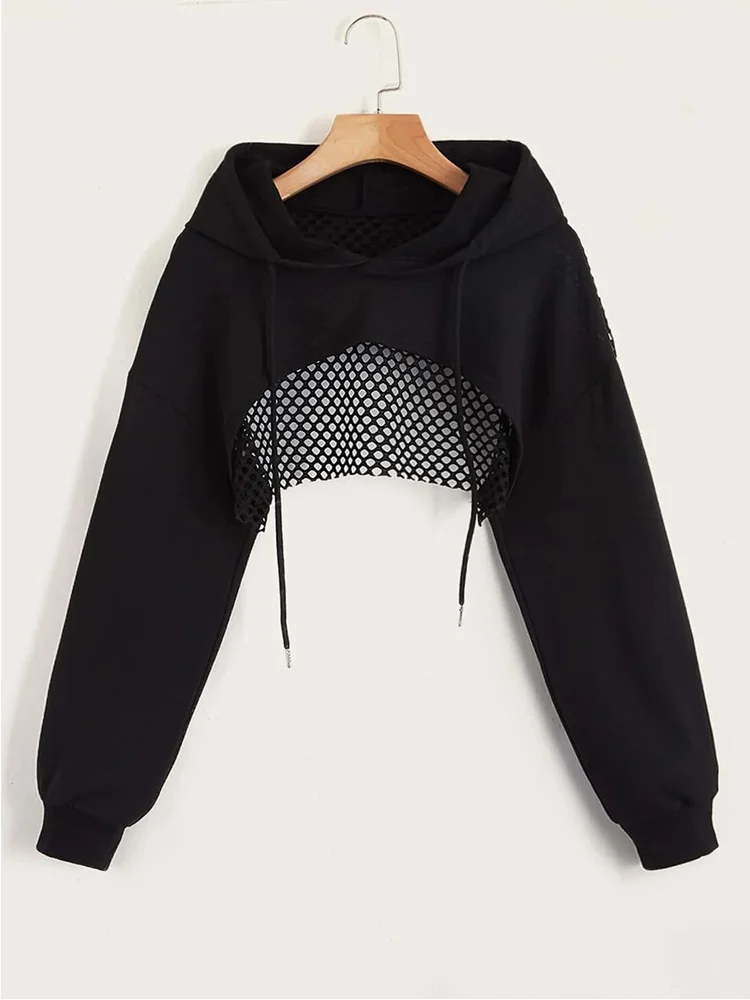 

Street Sport Drop Shoulder Drawstring Hollow Out Super Crop Sports Hoodie Without Cami Top