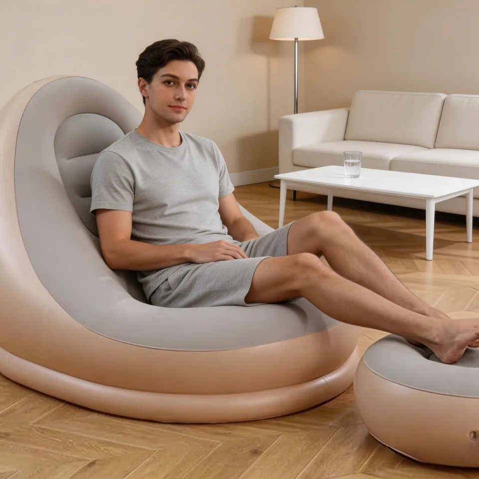 Modern Foldable Portable Inflatable Sofa Ottoman Made Soft Eco PVC Waterproof Living Room Bedroom Camping Travel Outdoor