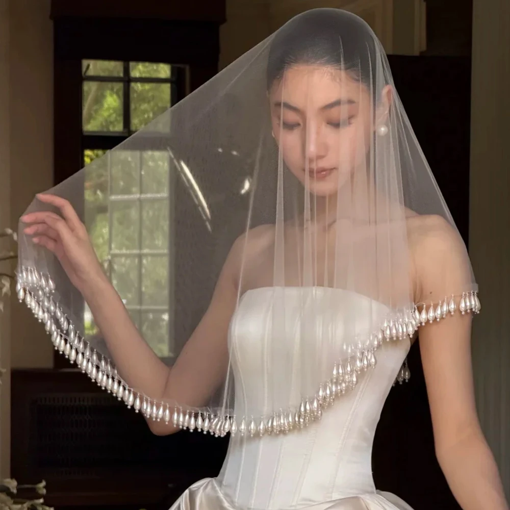 Drop Pearls Wedding Veil Without Comb 1T Bridal Veils Short Elegant Wedding Veils image 2