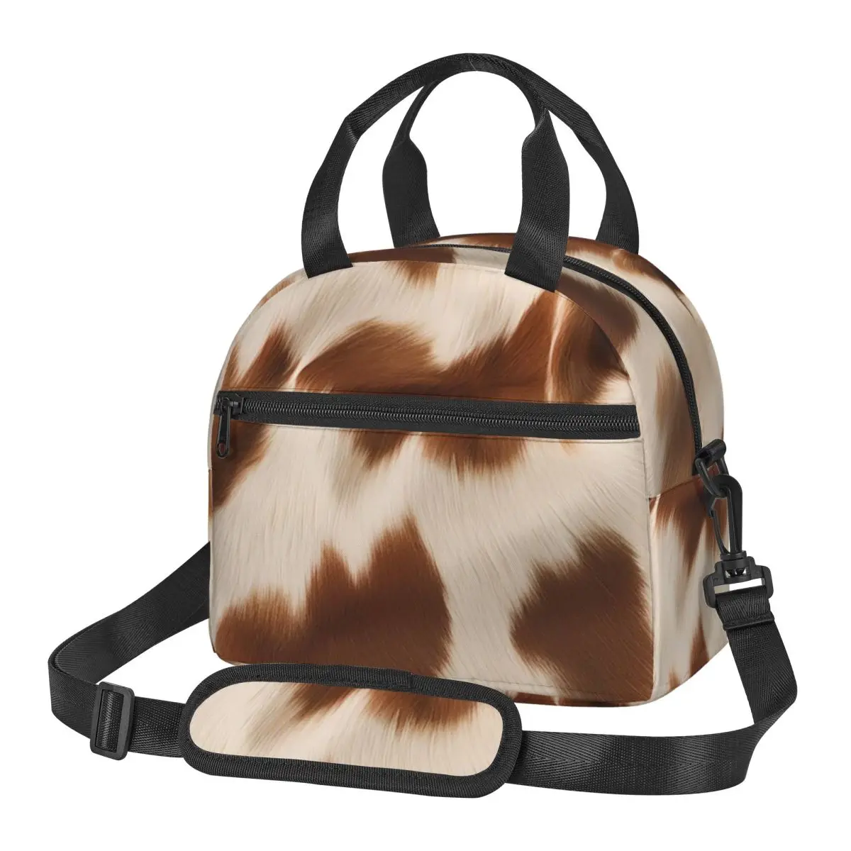 Stylish Cow Fur Cowhide Texture Cow Skin Lunch Bags Insulated Bento Box Lunch Tote Picnic Bags Cooler Bag for Woman Student