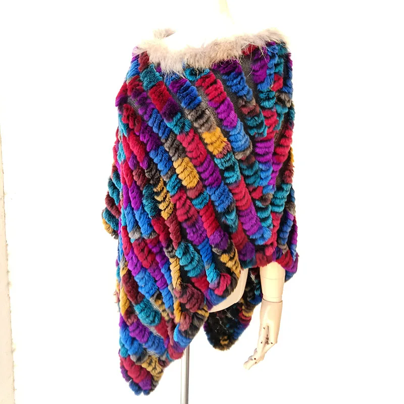 Women  Loose Long Knitted Rex Rabbit Fur Poncho With Raccoon Fur Striped Multi Color Natural Fur Cape Female Shawl