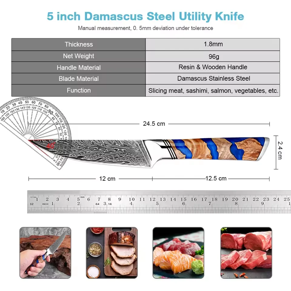 5 Inch Utility Knife Ultra Sharp Japanese Kitchen Small Chef Knife Damascus Steel,Full-Tang Paring Knife for Fruit and Vegetable