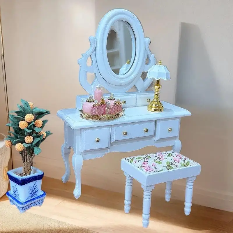 Prachtig poppenhuismeubilair; Mini-kaptafel met spiegel, kruk in schaal 1:12 Fantasiespelspeelgoed