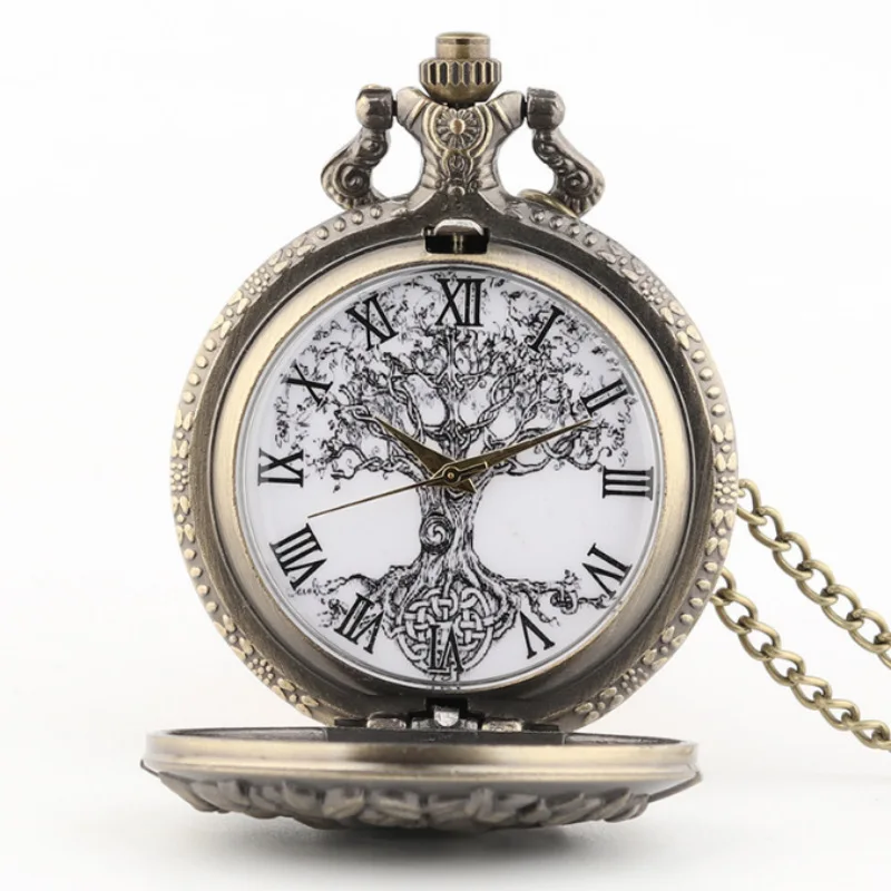Vintage Luxury Tree of Life Quartz Pocket Watch for Men Women Kids Fob Chain Bronze Laser Engrave Necklace Carving Pendant Clock