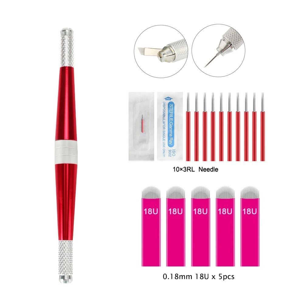 

1 шт., красная ручка для татуировки бровей, губ, двойная головка, перманентный макияж бровей с 15 шт. игл, ручка для микроблейдинга, карандаш