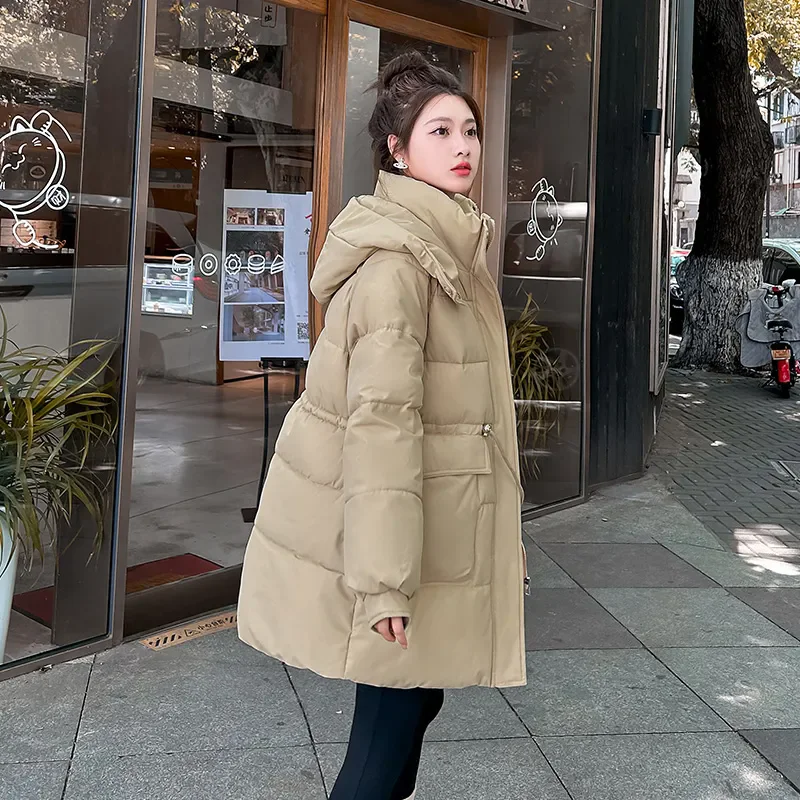 Winter Women Loose Mid Length Thick Warm Cotton Padded Coat Women Pink Hooded Long Sleeve Big Pocket Cotton Parkas Jacket Female