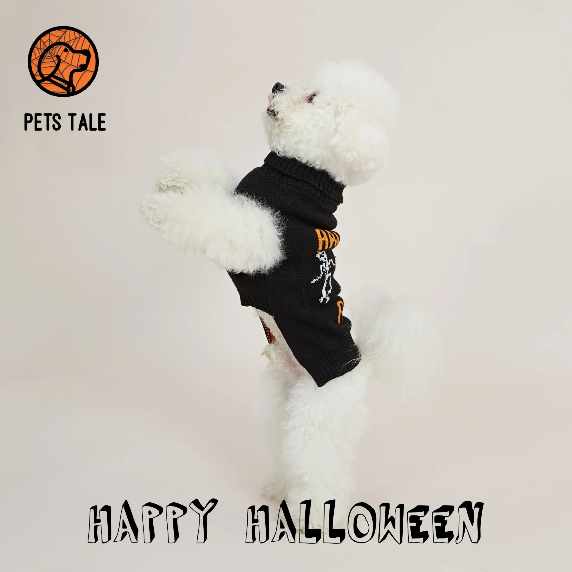 Halloween Party Skeleton Dance Orange Bow Chainlink Sweater with Turtleneck Collar