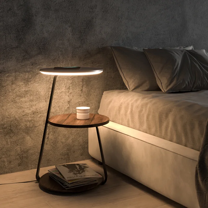 Modern Smart Wood Metal Wireless Charging Bedside Table Lamp Led Night Light Bedroom Bedside Floor Lamp with Table