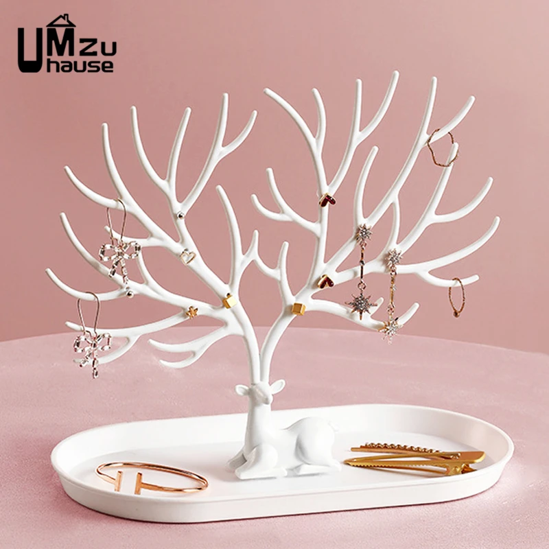 Earring Necklace Holder Ring Stud Bracelet Jewelry Display Stand Creative Deer Tree Branch Rack Key Storage Organizer with Tray