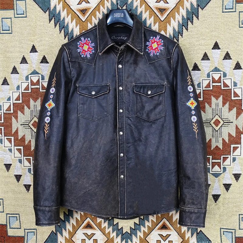 

Retro Navajo Totem Embroidered irt Bla ey Stone Friction Color Leather American Vintage Sle Casual Leather Ja...