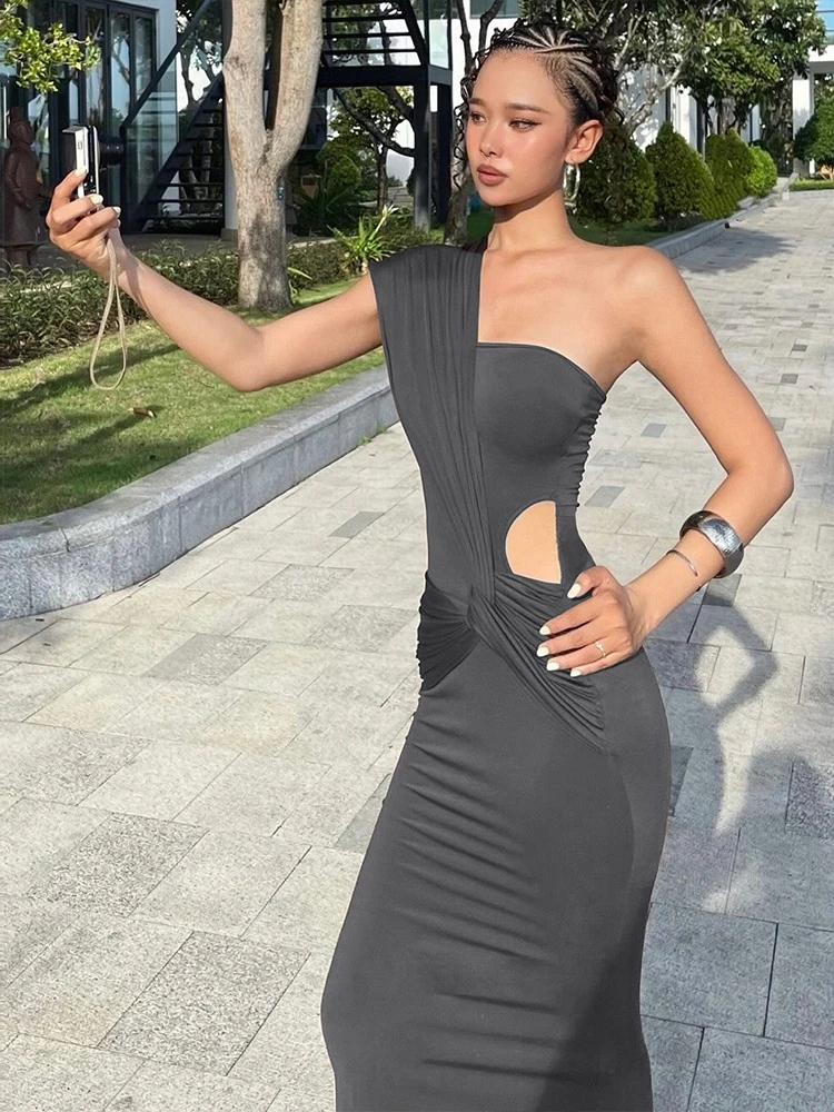 이상한 스타일의 우아한 원숄더 드레스 여성 섹시한 크로스 러치드 홀로우 슬리브리스 스트레치 스키니 프로모션 파티 클럽 패션 베스티도스