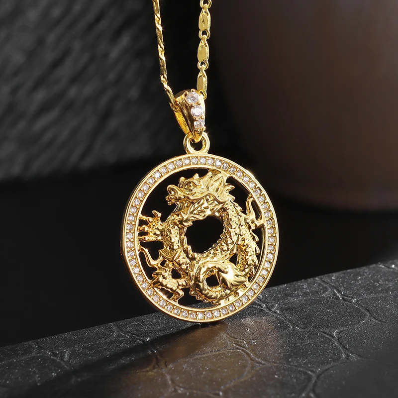 Classic Chinese Style Zircon Golden Dragon Mascot Lucky Pendant Necklace for Men Vintage Copper Necklace Women Amulet Jewelry