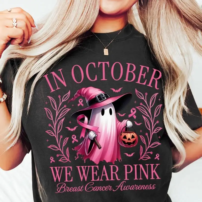 

In October We Wear Pink T-shirt,Funny Breast Cancer Awareness Halloween Shirt,Spooky Ghost Pumpkin Graphic Tee,Women Support Gif
