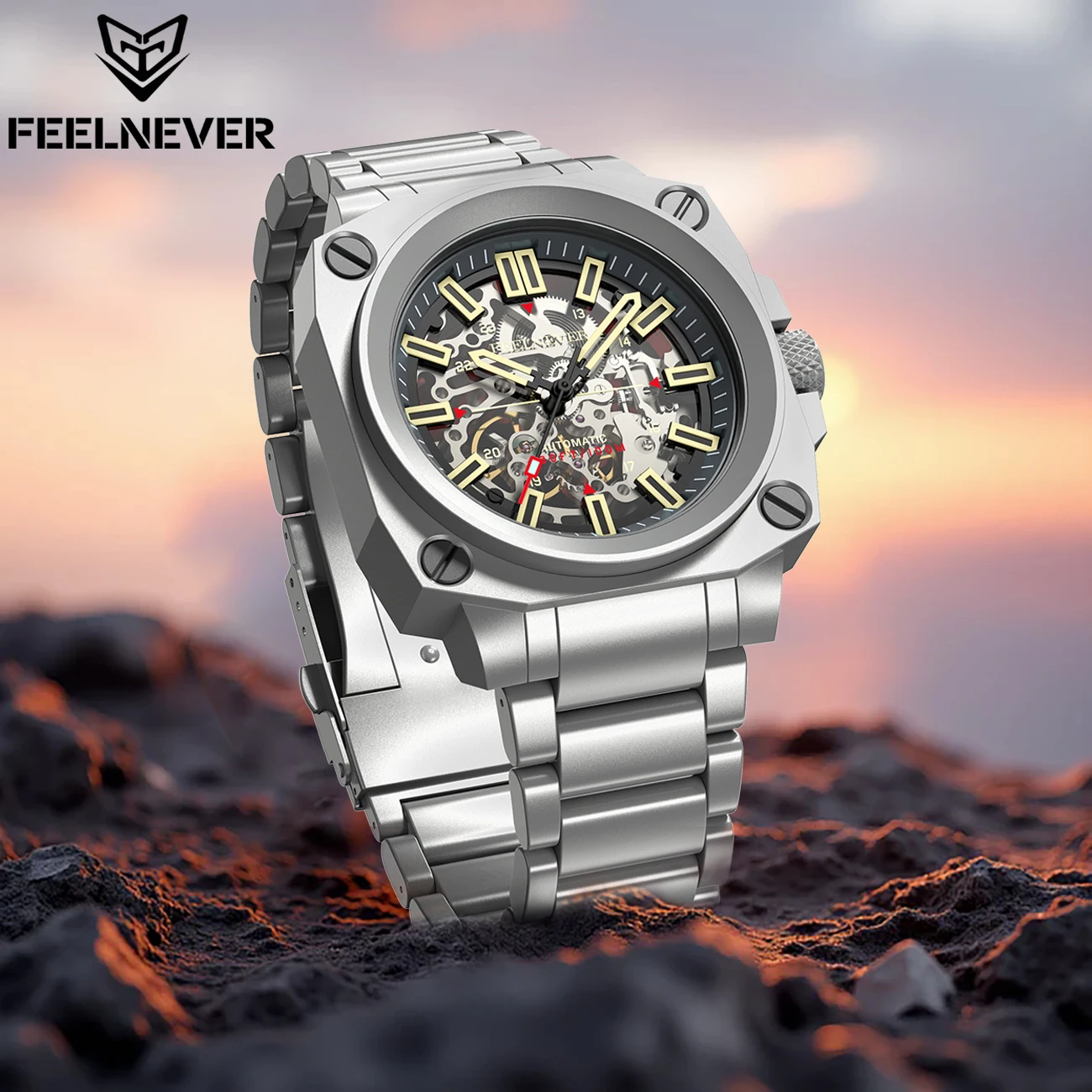 FeelNever Top Brand Luxury Mechanical Man Watch Stainless Steel Hollow Out 100M Waterproof Casual Sport Automatic Luminous Clock view 4