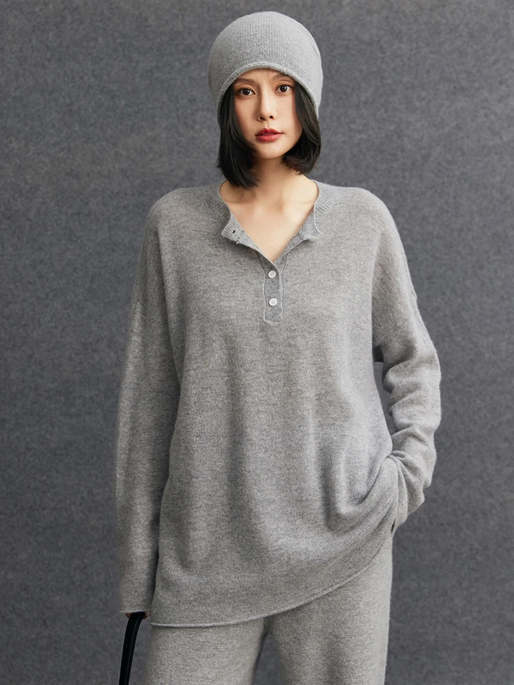 TLOML جديد المرأة 100% سترة الكشمير المعنقة س الرقبة نصف أزرار البلوز الكشمير تريكو ربيع الخريف لينة الدافئة فضفاض بلايز عادية
