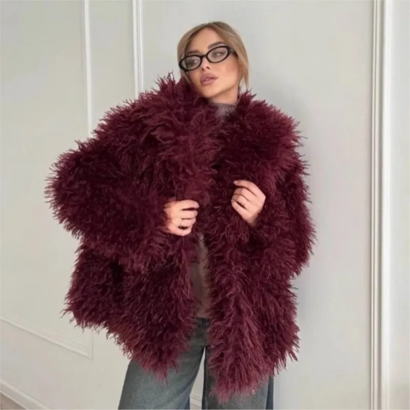 

Искусственное пальто из смешанного меха с большими лацканами, короткое и модное пушистое плюшевое пальто для женщин