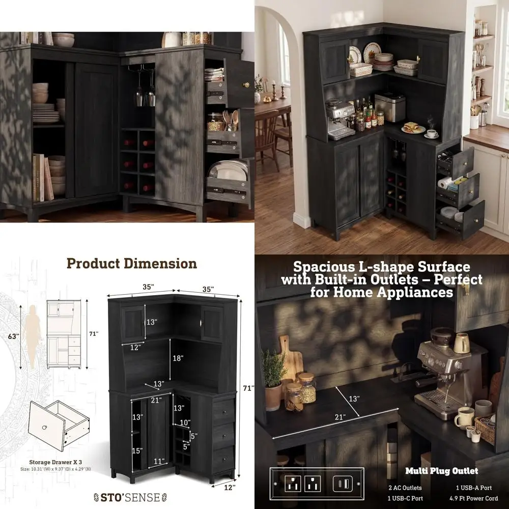 

71 Tall L-Shaped Kitchen Pantry Cabinet with Charging Station, Countertop, Wine Rack, Shelves, Glass Holder, and Sliding Door, B