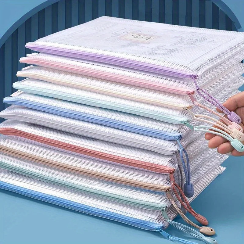 Morandi Grid File Bag Thick A4 Transparent Zipper Pouch Waterproof Exam Document Organizer Stationery Pencil Case for Students