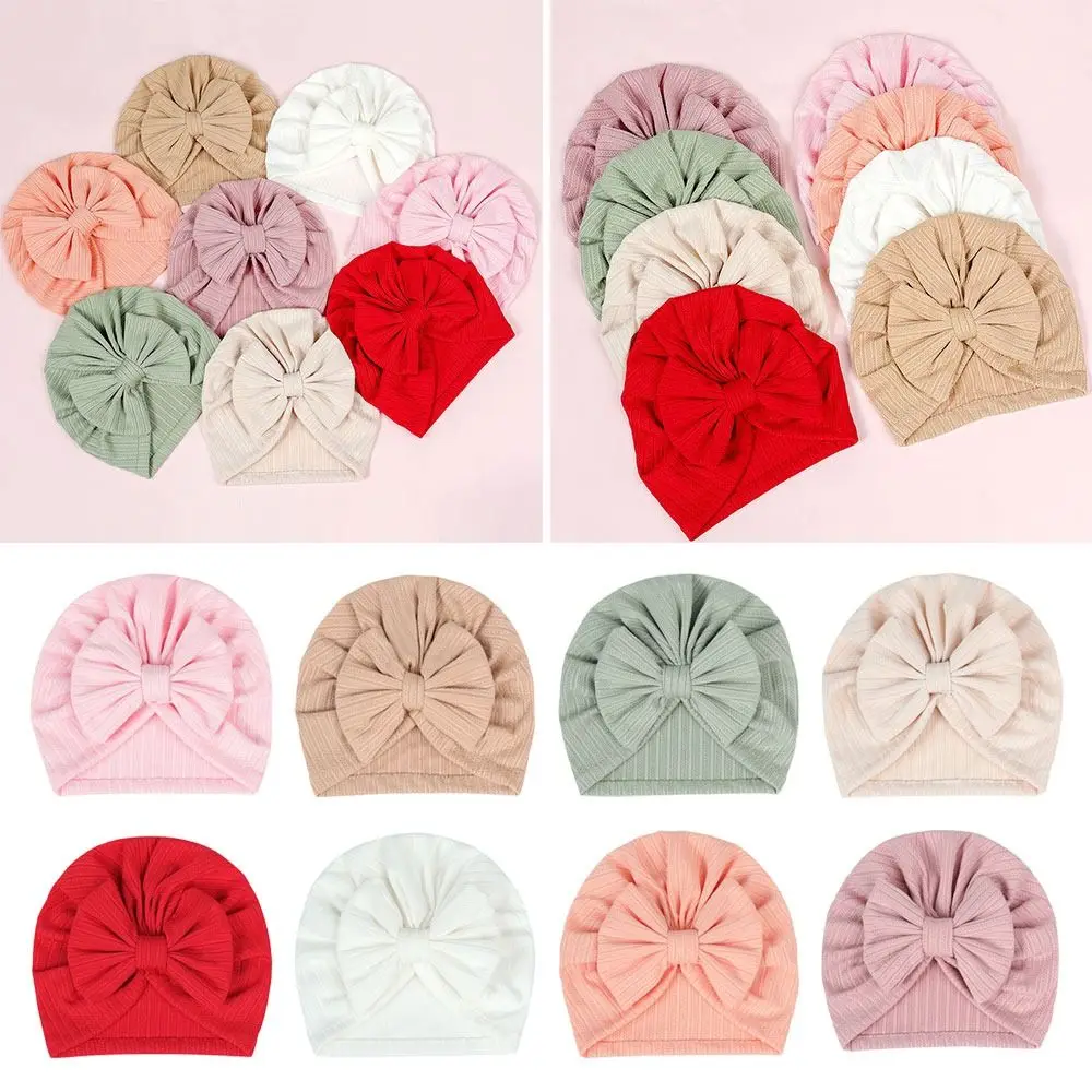Bonita diadema de poliéster y algodón, gorros con lazo grande transpirables de Color sólido, turbante suave para bebés y niños