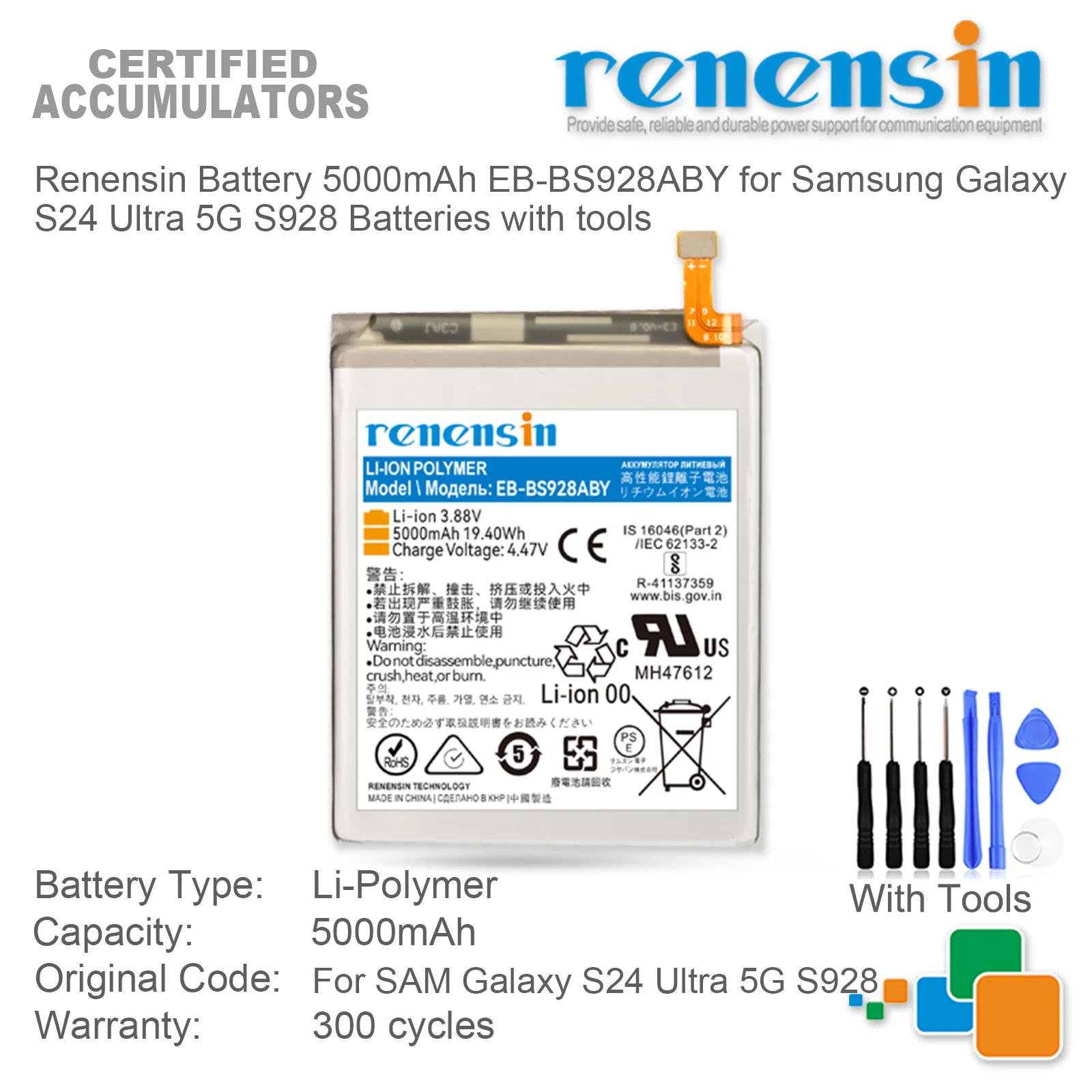 

Renensin Battery 5000mAh EB-BS928ABY for Samsung Galaxy S24 Ultra 5G S928 Batteries with tools
