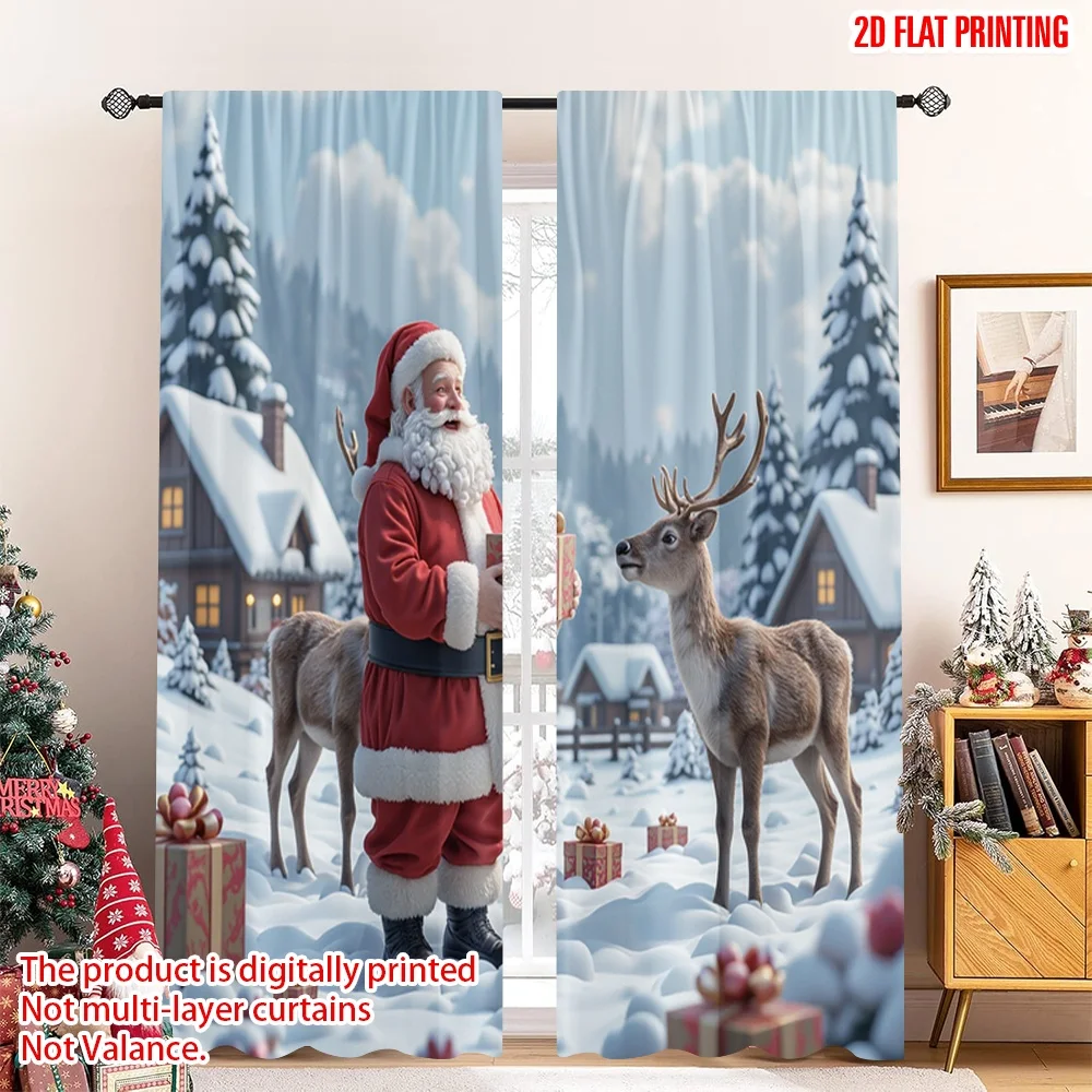 

2pcs 2D flat printing Merry Christmas Popular Party Window Curtains Santa Claus Presents Snow Scene 100% Polyester Fabric