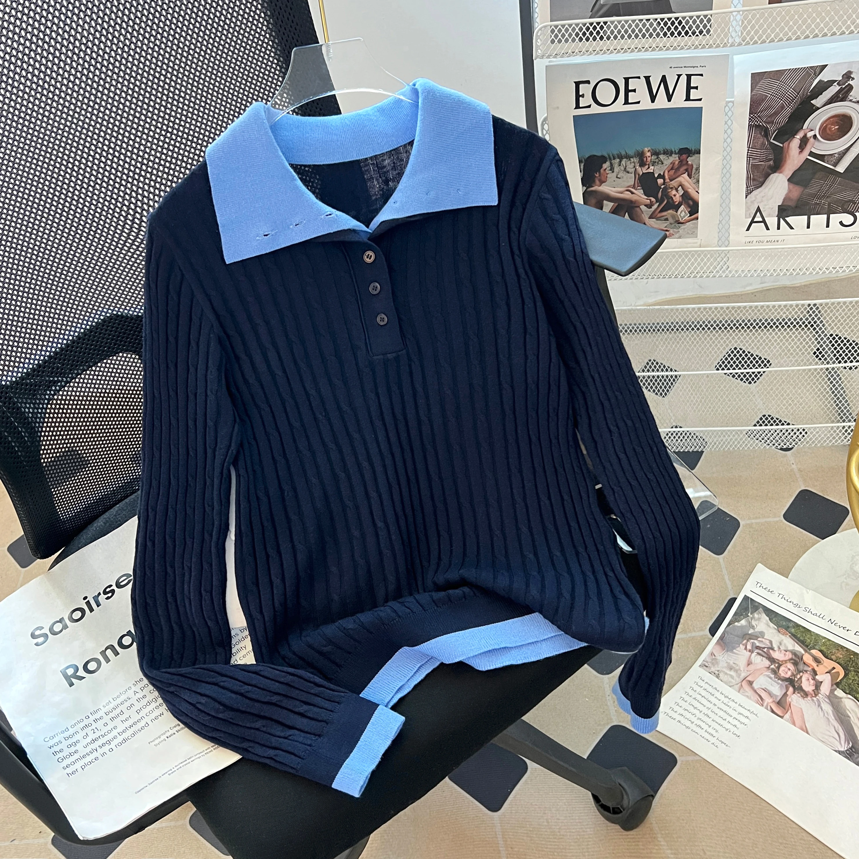 

Autumn Winter Wool Blend Knitted Sweater Women's Color Blo Ne Long Sve Soft Casual Sle Faux Two-Piece Design