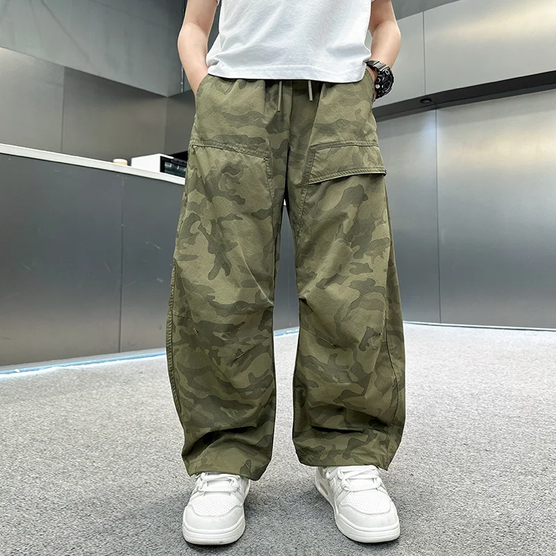 New Summer Children Straight Fit Anti-Mosquito Camouflage Pants for Tweens Boys Stylish Y2K Street Camo Trousers for Kids Teens