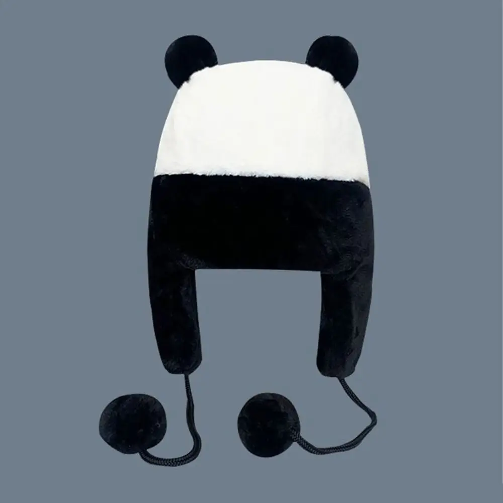 Cute Faux Fur Warm Hat Plus Velvet Panda Style Earflap Hat Cold-proof Ear Protection Hiking Trapper Hat Cycling Activity