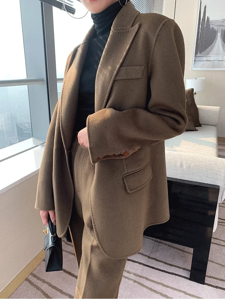 Autumn Winter Woolen Pant Suits Women Thick Belted Jackets Ladies Wool High Waist Pants Warm Trousers Set Female