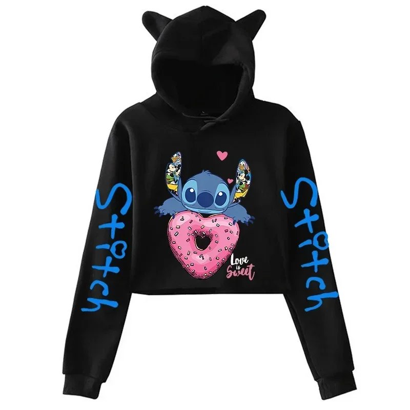 Kawaii lilo and Stitch Disney Hoodie Crop Top Women Sweatshirt Kids Boys Girls Harajuku Streetwear Clothes Hoodies Cropped