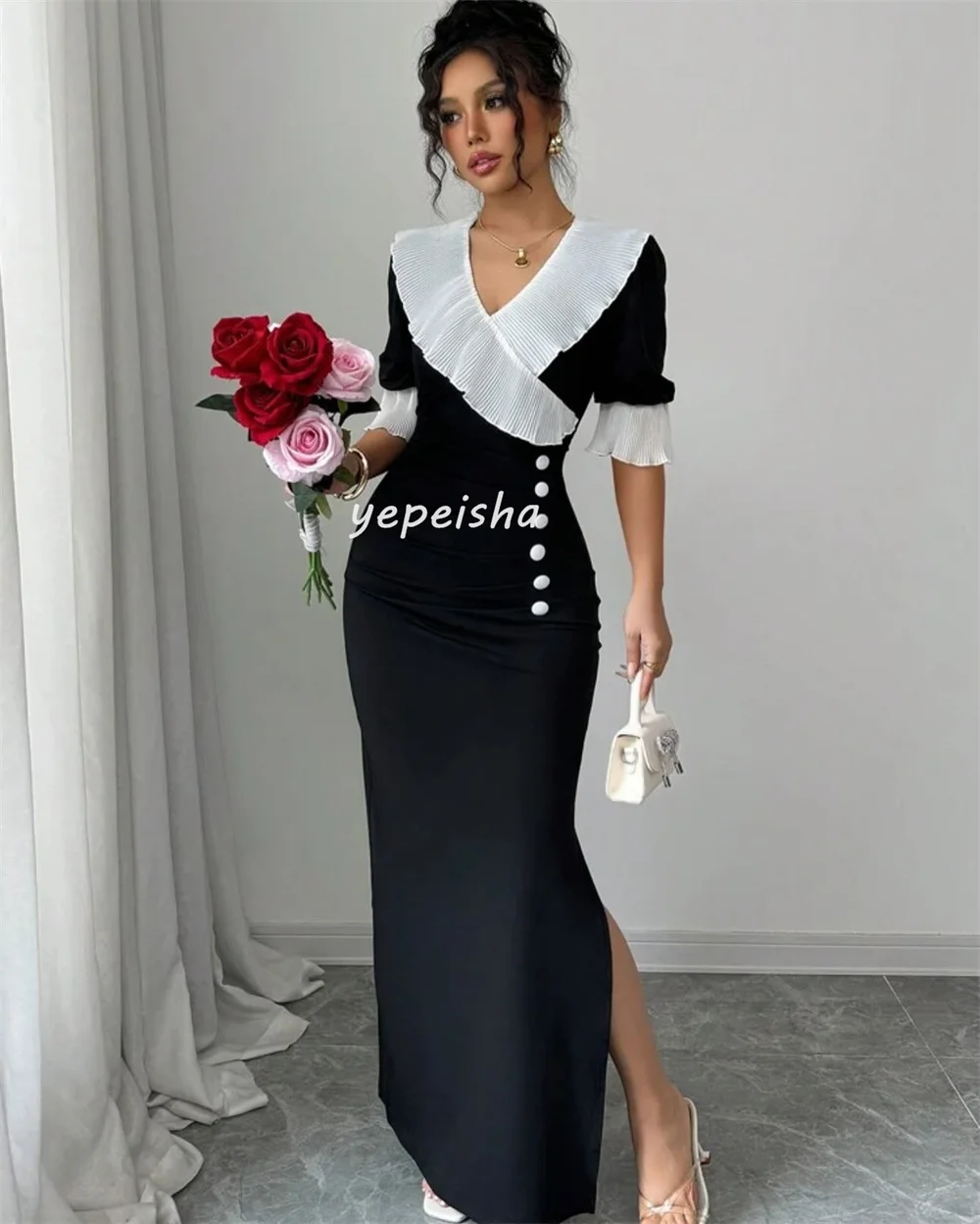 Customized Matching Fashion Jersey Draped Button Straight V-neck Long Dresses Bespoke Occasion Dresses Elegant Exquisite Formal