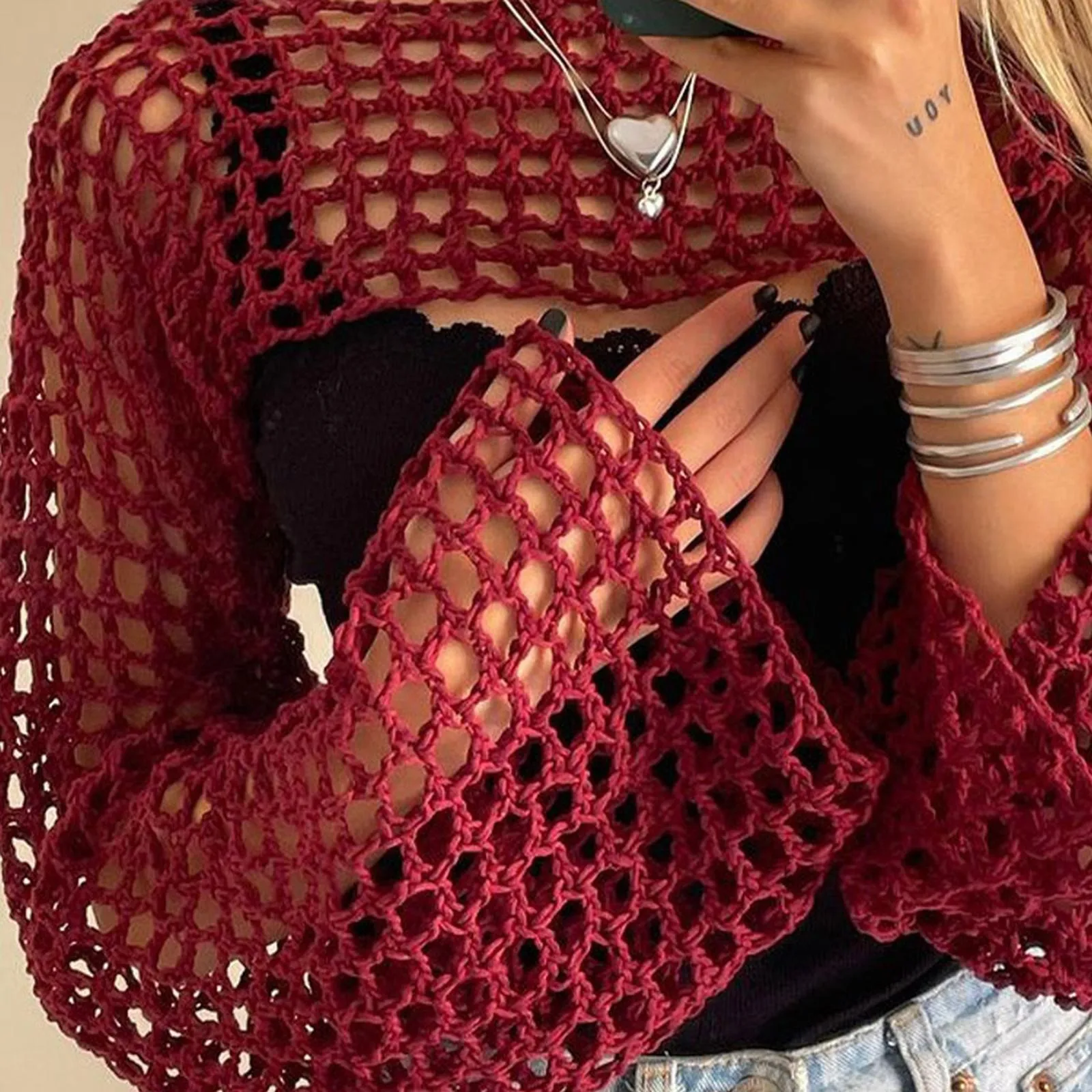 Kobiety Y2k Crochet Knit Hollow Out Crop Top Long Flared Sleeve Shrug Sweater Mesh Cover Ups Cardigan Streetwear Pullover Women