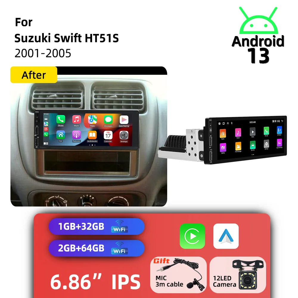 

Для Suzuki Swift HT51S 2001-2005: 6,86-дюймовый экран, CarPlay, Android автомагнитола, 1 DIN, головное устройство, радио, навигация, мультимедиа
