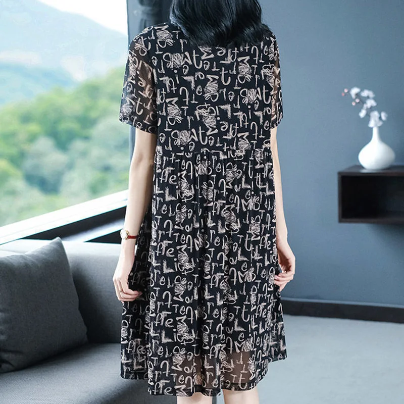 Elegant Fashion Casual Printed Gauze Dresses Summer 2023 New Streetwear Short Sleeve O-Neck Pullover Midi Dress Women\'s Clothing