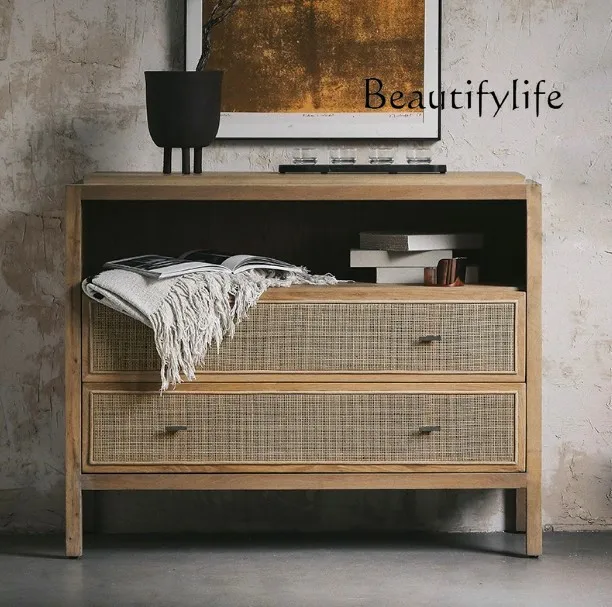 

Nordic Solid Wood Rattan Chest of Drawers Home Antique Bedside Table
