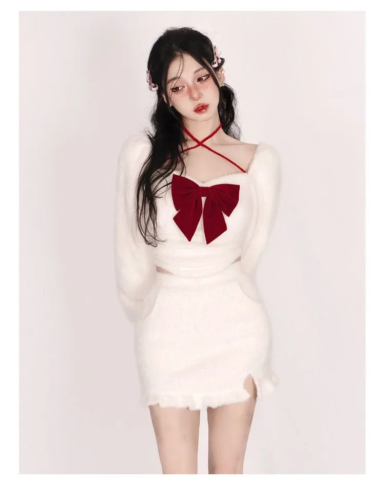 Elegant Square Collar Bow Long Sleeve White Tops Women+ Y2k High Waist All-match Skirts Autumn Winter New Two Piece Sets