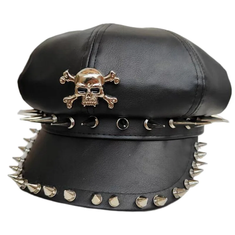 

Men Women's Fashion Black PU Leaher Rivet Punk Hat Male Female Cosplay Hip Hop Performance Dancing Beret Hat Cap TB2080