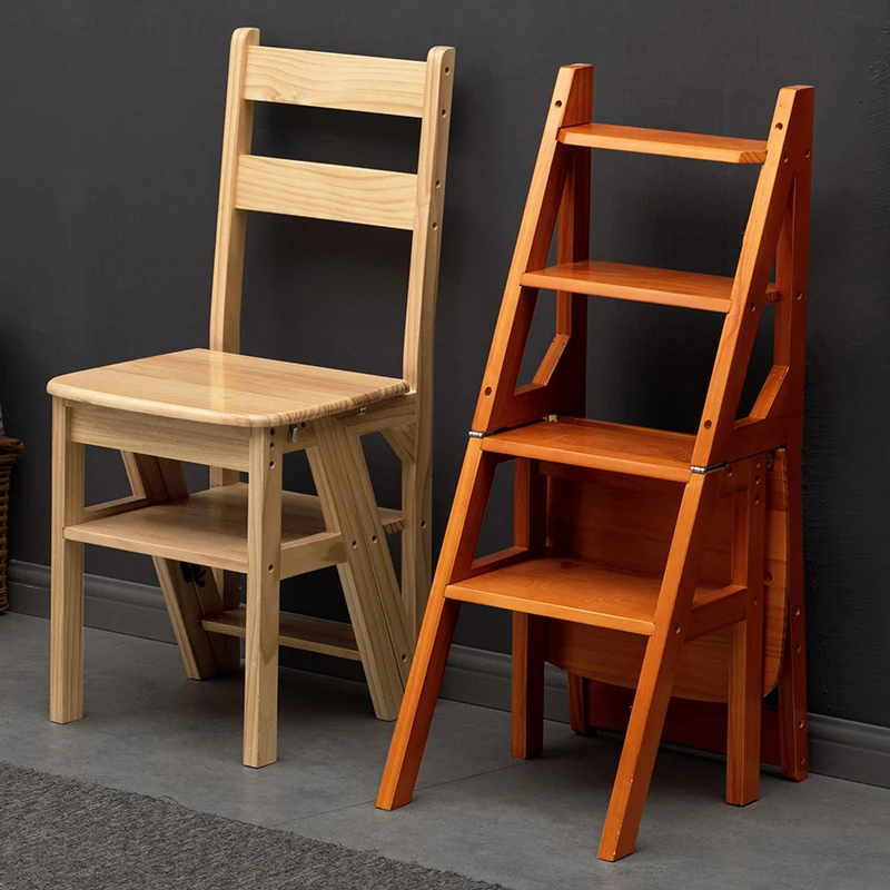 Wooden Folding Ladder Chair 2-in-1 Design, Ladder Chair for Home Climbing, Shoe Changing Stool,four Layer Wooden Foot Step Stool