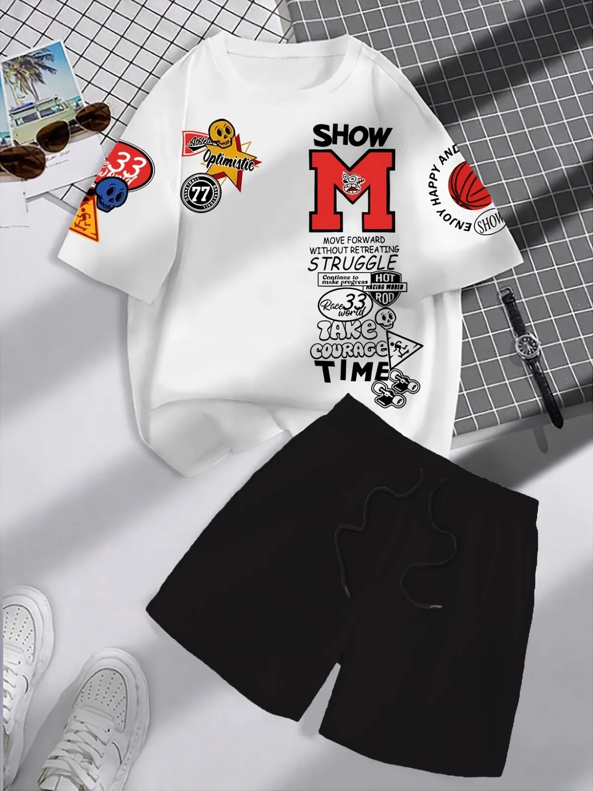 

Summer new design men's M-letter graffiti print soft breathable round neck T-shirt shorts set outdoor street style clothing