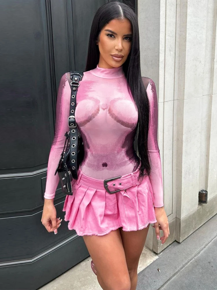 WeiYao-Body imprimé 3D pour femmes, tissu en maille sexy, manches longues, voir à travers des hauts moulants, vêtements pour femmes, club de fête