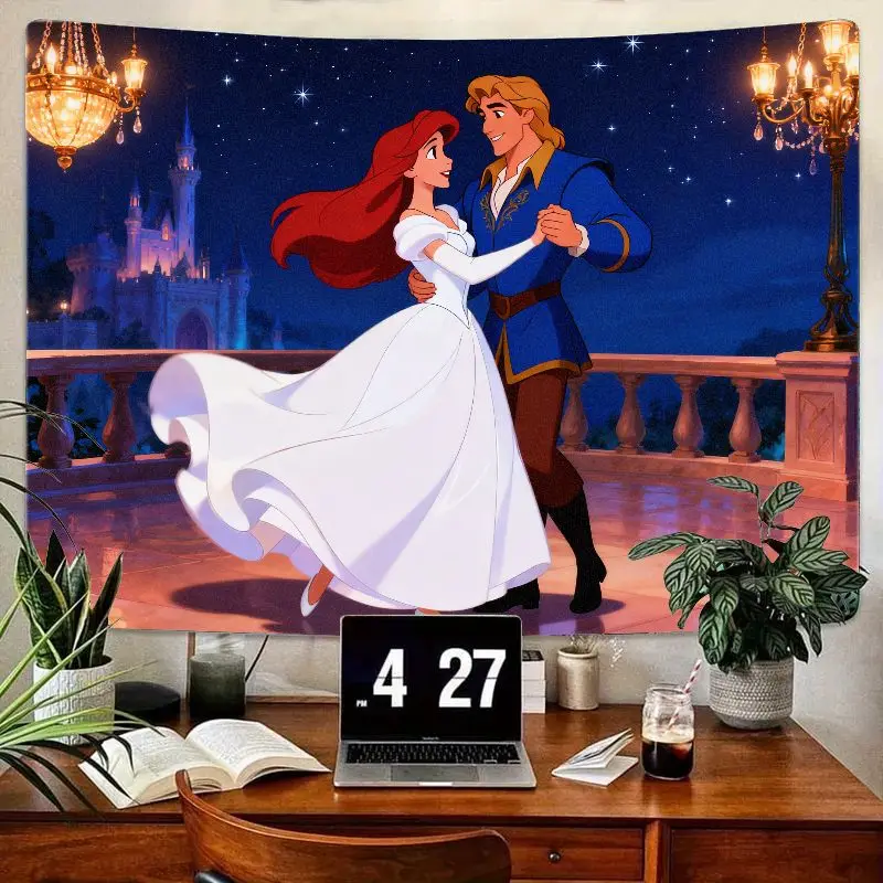 Tapiz de baile de La Sirenita de Disney, Ariel Eric, arte de pared de poliéster, Castillo romántico, decoración de noche estrellada para regalo de dormitorio, 1 ud.