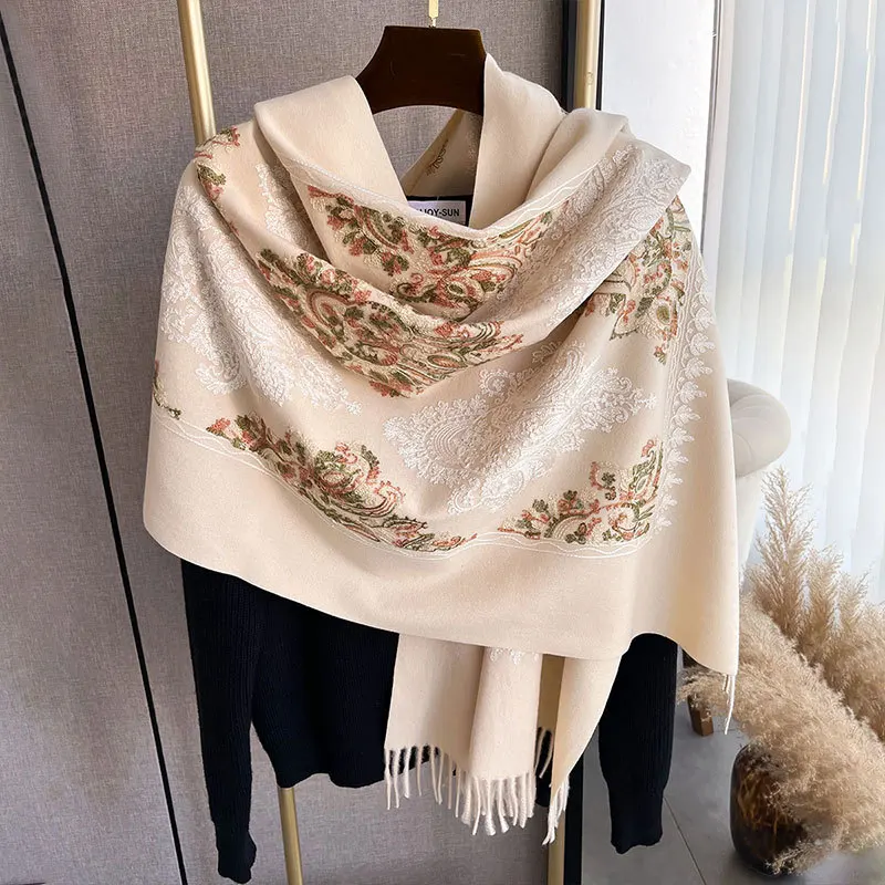 Navy Blue Scarf Print Flower Bufanda Mujer Cashmere Blend Tassels Scarves Women Oversize Shawls Echarpes Soft Chal Mantilla Wrap