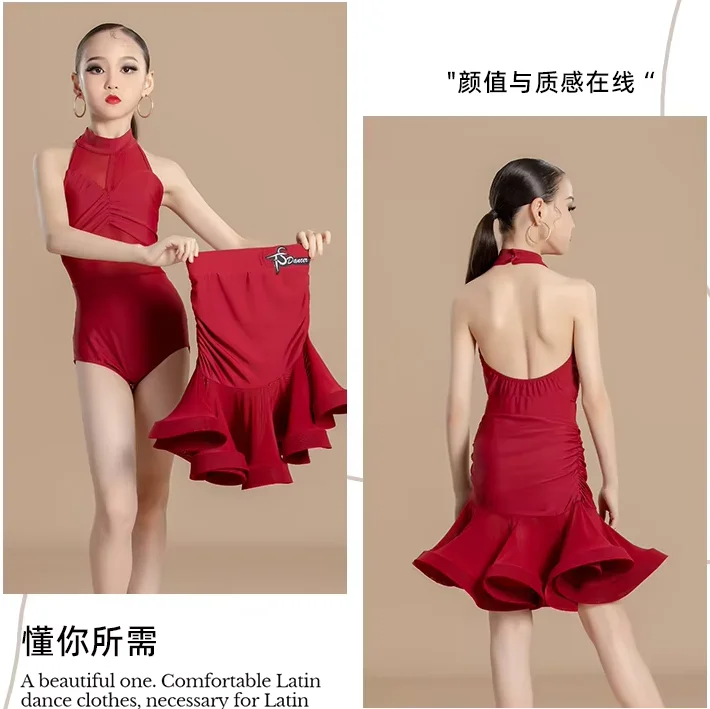

2026 Children'S Ballroom Dance Costumes Girls Sleeveless Latin Dance Dress Red Latin Top Fishtail Skirt Training Clothes