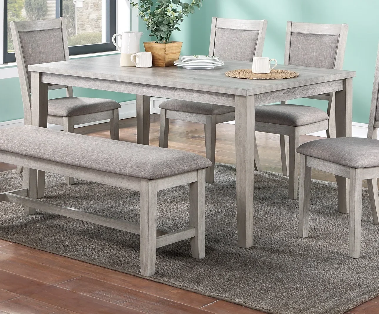 Contemporary Dining 6pc Set Table w 4x Side Chairs And Bench Natural Finish Padded Cushion Seats Chairs Rectangular Dining Table