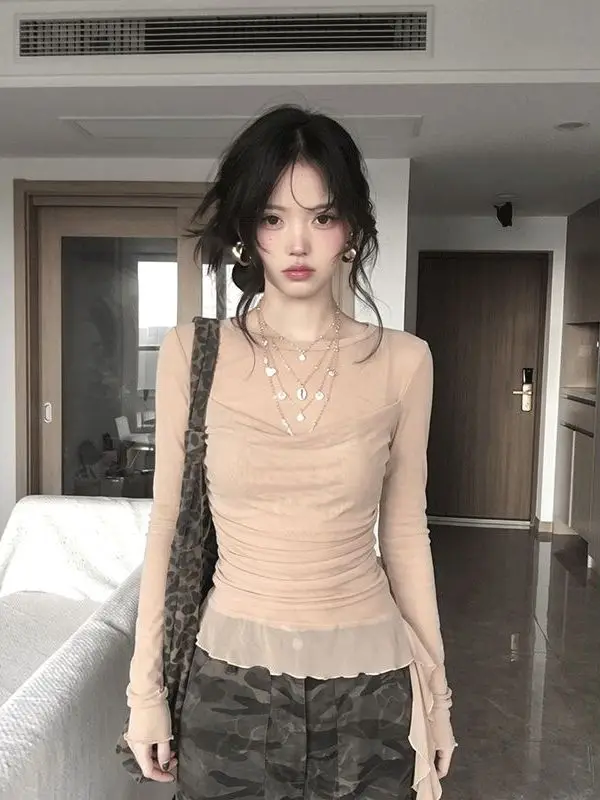 Pure Desire Long Sleeve Mesh Cover up Top Early Autumn Slightly Transparent Pleated Slimming Sexy Girl Layered Shirt