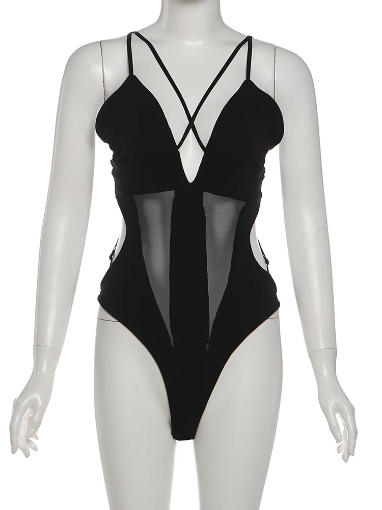 SIsterlinda Hottie 2-Piece Set Women Strap Waistless Low Chest Mesh Patchwork Bodysuit+Zip Furry Skirt Sexy Slim Street Clubwear